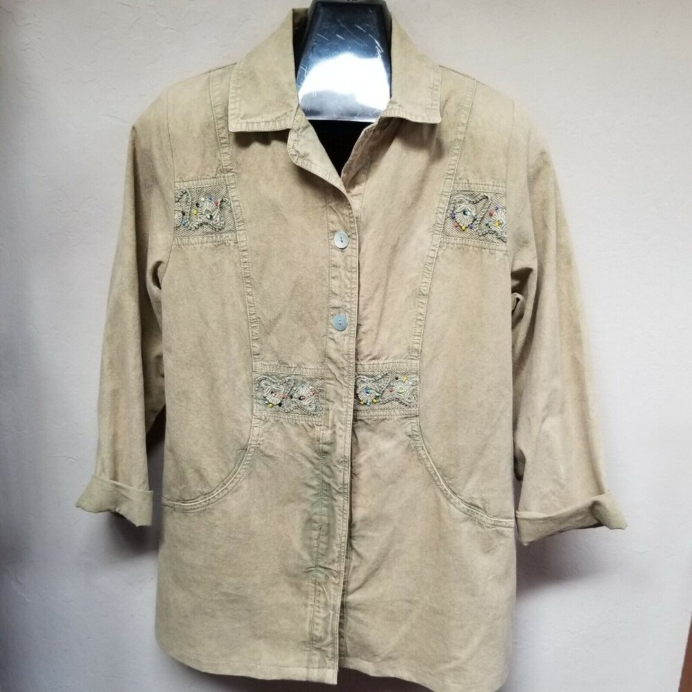 Marilu Womens Cotton Brown Embroidered Jacket Shirt 3/4 Sleeve Made in Italy
